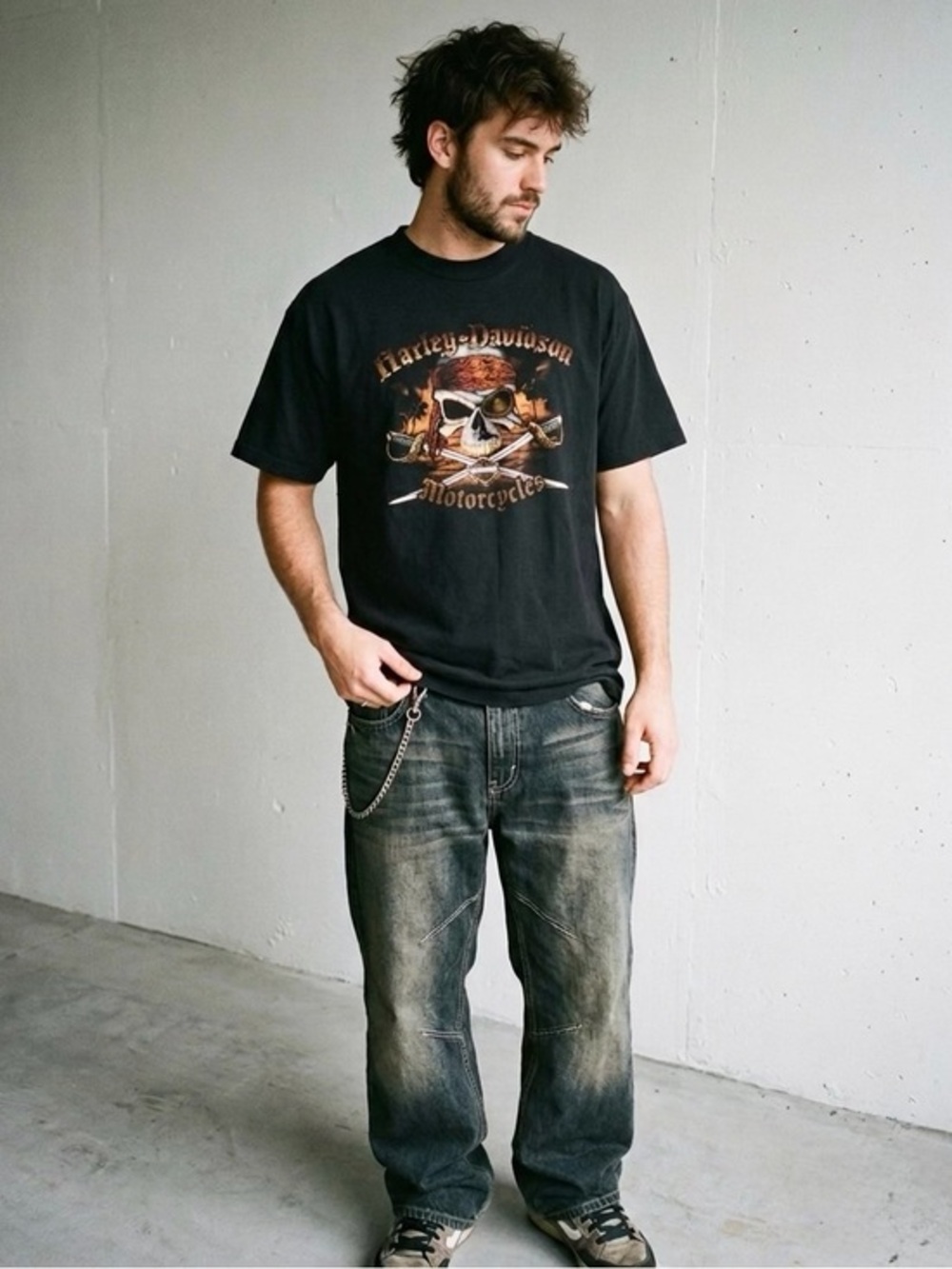 Y2K Harley Davidson TShirt Black Pirate Skull Flames Mens Size XL